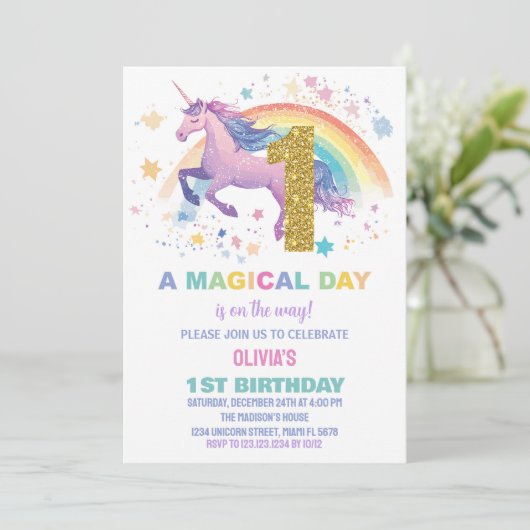 Eerste Unicorn Birthday-uitnodigingen Kaart (Staand voorkant)