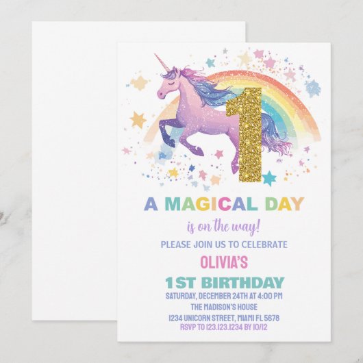 Eerste Unicorn Birthday-uitnodigingen Kaart (Voorkant / Achterkant)
