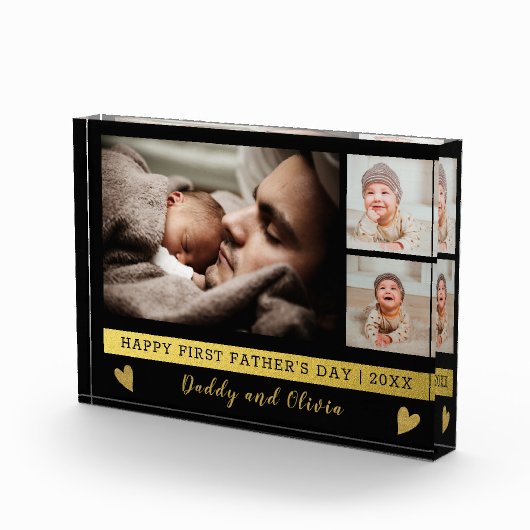 Eerste Vaderdag 3 Foto Collage Black en Gold (Rechts)