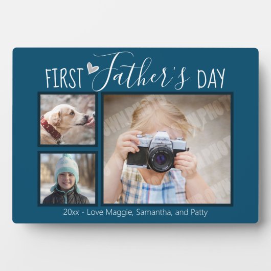 Eerste vaderdag 3 Foto Collage Blue Fotoplaat (voorkant)