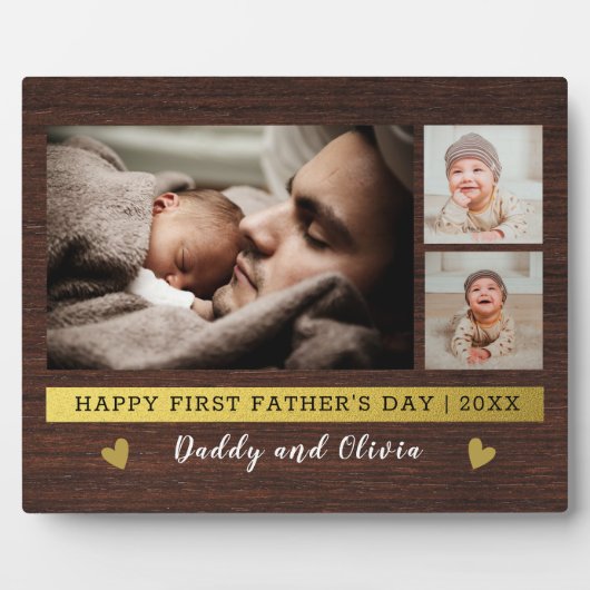 Eerste Vaderdag 3 Foto collage Rustic Wood Fotoplaat (Voorkant)