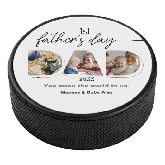 Eerste Vaderdag 3 foto's Collage Hockey Puck (3/4)