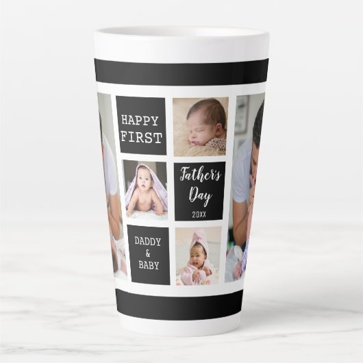 Eerste Vaderdag 5 Foto Collage Black White Latte Mok (Voorkant)