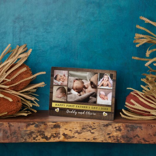 Eerste Vaderdag 5 Foto collage Dark Wood Fotoplaat (Zijkant)