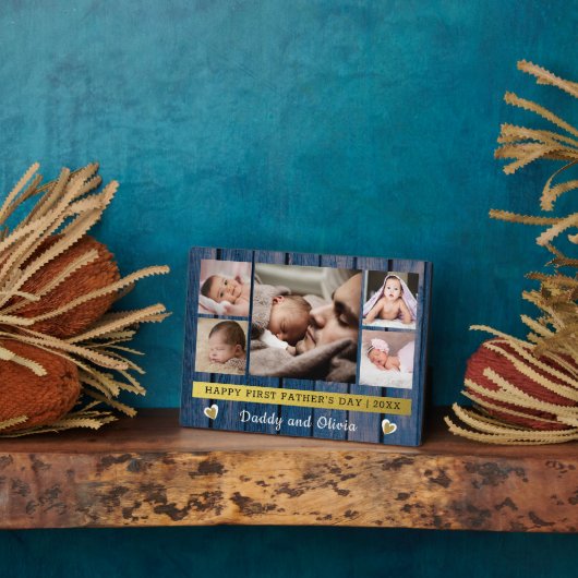 Eerste Vaderdag 5 fotocollage blauw hout Fotoplaat (Zijkant)