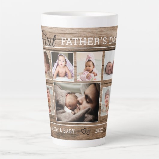 Eerste Vaderdag 7 Foto collage Rustic Wood Latte Mok (Voorkant)