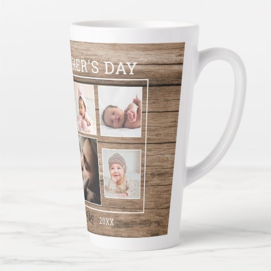 Eerste Vaderdag 7 Foto collage Rustic Wood Latte Mok (Rechts)