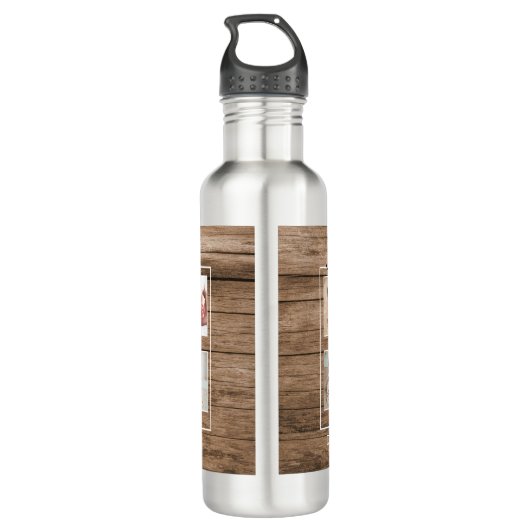 Eerste Vaderdag 7 Foto collage Rustic Wood Waterfles (Achterkant)