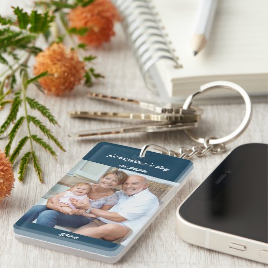 Eerste Vaderdag als Papa Blue 2 Foto Sleutelhanger (Voorkant Rechts)