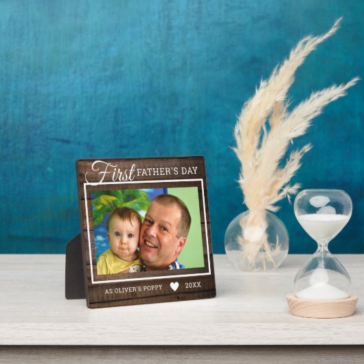 Eerste Vaderdag als Poppy Rustic Wood Foto Fotoplaat (Insitu)