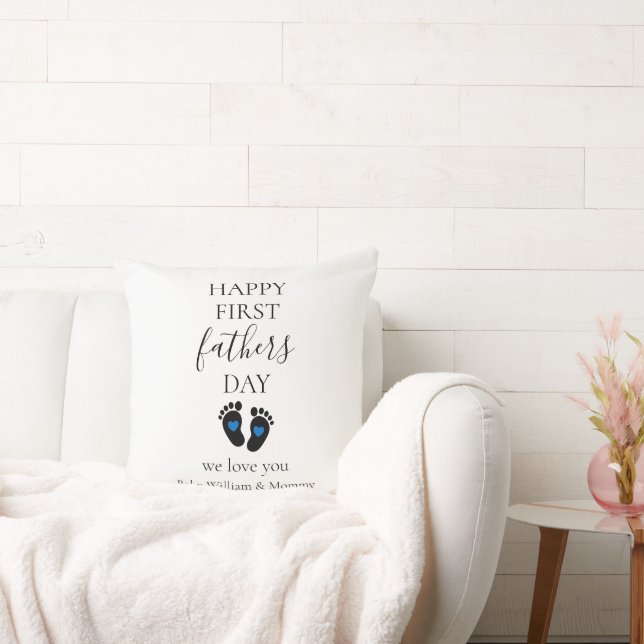 Eerste Vaderdag – Baby Footprints & Blue Hearts Kussen (Bank)