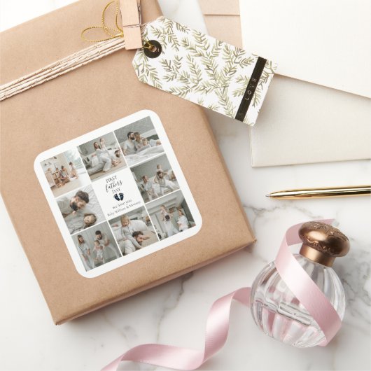 Eerste Vaderdag – Baby Footprints & Blue Hearts Vierkante Sticker (Geschenken)