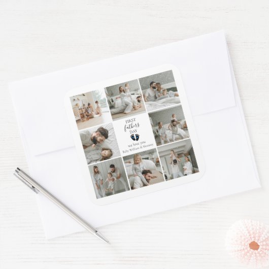 Eerste Vaderdag – Baby Footprints & Blue Hearts Vierkante Sticker (Envelop)