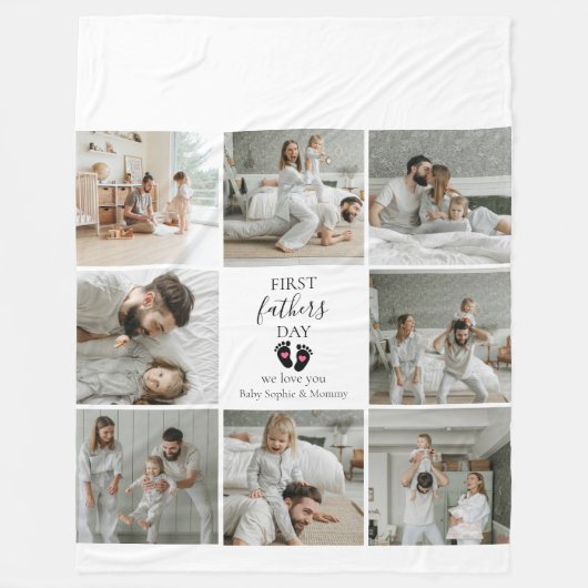 Eerste Vaderdag – Baby Footprints & Pink Hearts Fleece Deken (Voorkant)