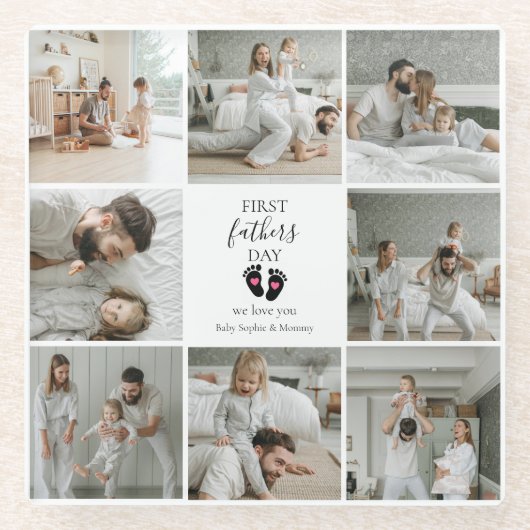Eerste Vaderdag – Baby Footprints & Pink Hearts Glazen Onderzetter (Voorkant)
