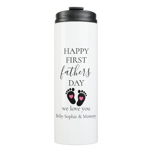 Eerste Vaderdag – Baby Footprints & Pink Hearts Thermosbeker (Voorkant)