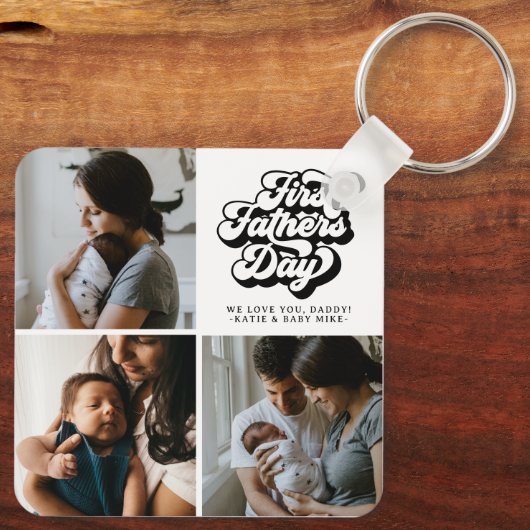 Eerste vaderdag Eenvoudige Groovy Retro Drie Foto Sleutelhanger (Achterkant)