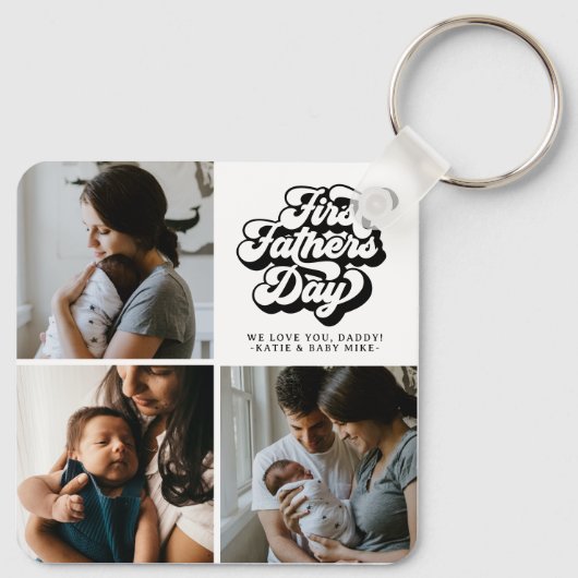 Eerste vaderdag Eenvoudige Groovy Retro Drie Foto Sleutelhanger (Achterkant)