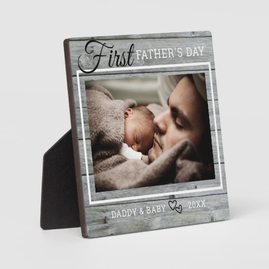 Eerste Vaderdag Foto Rustic Gray Wood Fotoplaat (Voorkant)