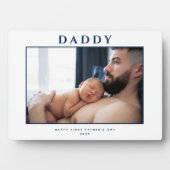 Eerste Vaderdag gedempt blauw en wit gepersonalise Fotoplaat (voorkant)