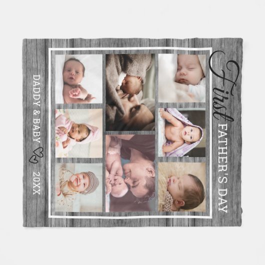 Eerste Vaderdag grijs hout 8 Foto collage   Fleece Deken (Voorkant (Horizontaal))