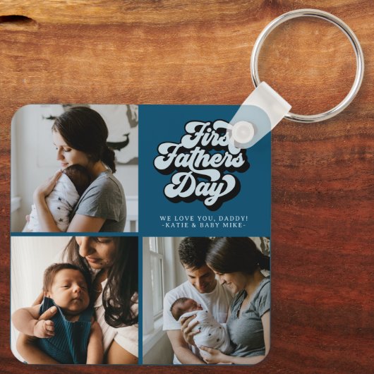 Eerste vaderdag Groovy Retro Drie Foto | Blauw Sleutelhanger (Achterkant)