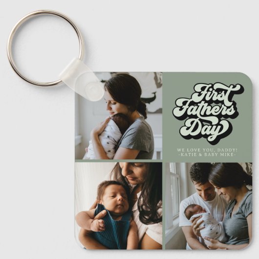 Eerste vaderdag Groovy Retro Drie Foto | Sage Sleutelhanger (Voorkant)
