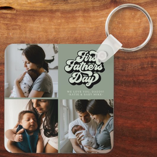 Eerste vaderdag Groovy Retro Drie Foto | Sage Sleutelhanger (Achterkant)