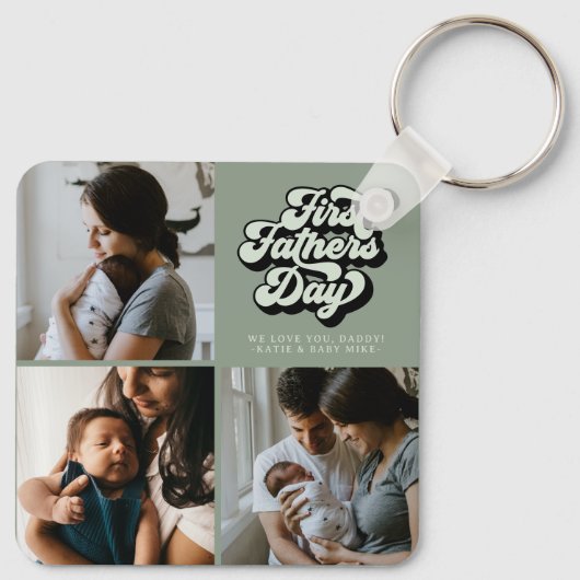 Eerste vaderdag Groovy Retro Drie Foto | Sage Sleutelhanger (Achterkant)