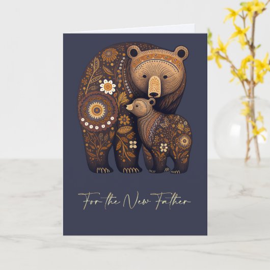 Eerste Vaderdag Leuke Beren Folk Art Kaart (Gele Bloem)