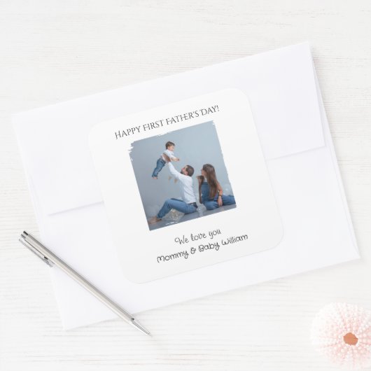 Eerste Vaderdag met foto en bericht - Vierkante Sticker (Envelop)