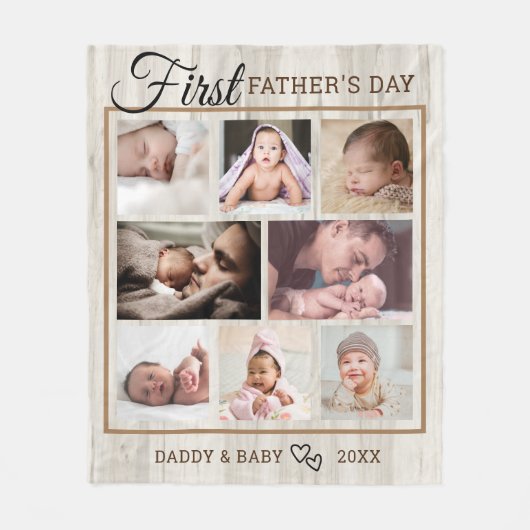 Eerste Vaderdag Natural Wood 8 Foto Collage  Fleece Deken (Voorkant)