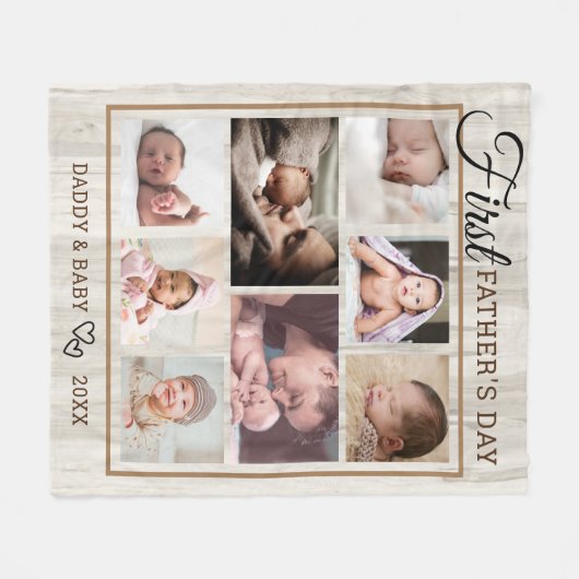 Eerste Vaderdag Natural Wood 8 Foto Collage  Fleece Deken (Voorkant (Horizontaal))