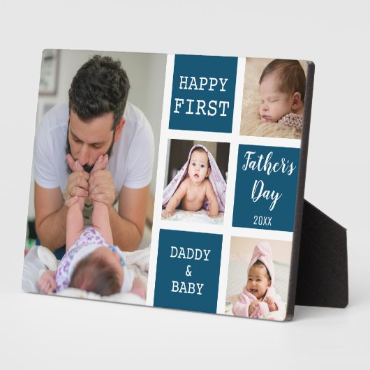 Eerste Vaderdag nieuwe vader 4 Foto Collage Blue Fotoplaat (Zijkant)