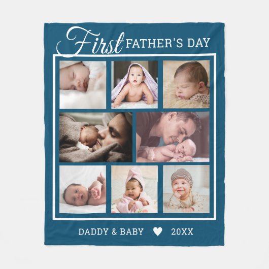 Eerste Vaderdag nieuwe vader 8 Foto Collage Blue Fleece Deken (Voorkant)