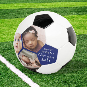 Eerste Vaderdag Papa Baby 3 Fotocollage Blauw Voetbal