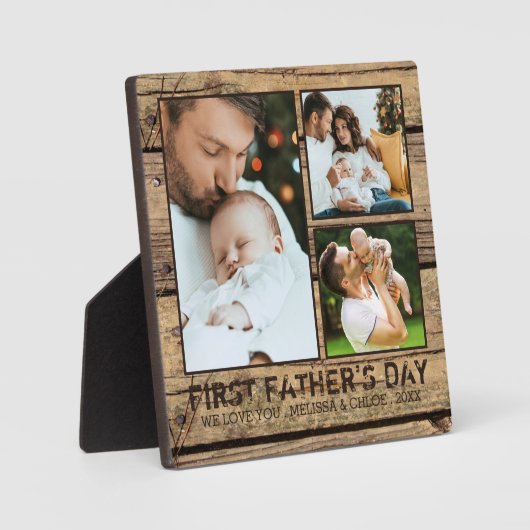 EERSTE VADERDAG Rustic Houten Fotocollage met 3 fo Fotoplaat (Voorkant)