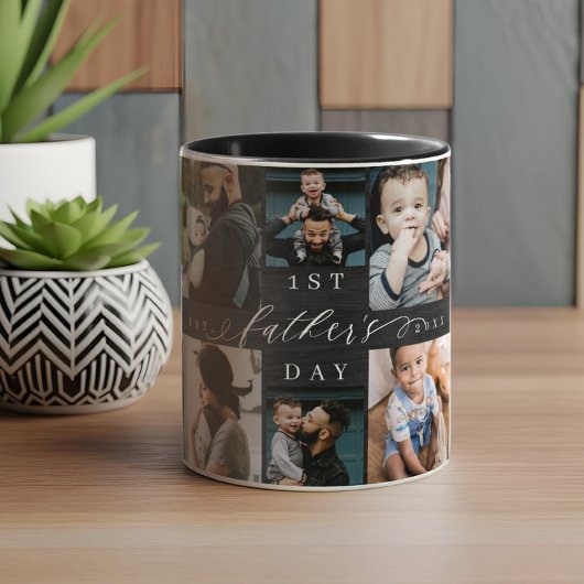 Eerste Vaderdag Zwarte Houtkorrel Fotocollage Mok