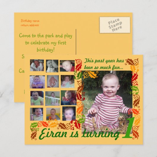 Eerste verjaardag 12 maanden afbeeldingen briefkaart (Voorkant / Achterkant)