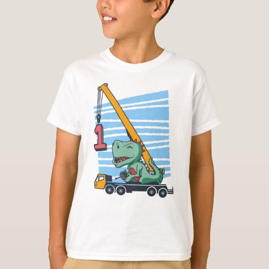 Eerste verjaardag 1 jaar Mobile Crane Dinosaur T-shirt (Voorkant)