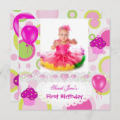 Eerste verjaardag 1e meisje met roze ballonnen kaart (Voorkant / Achterkant)