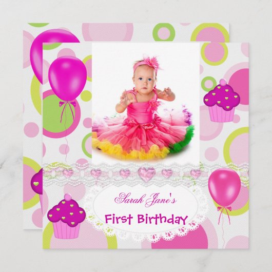 Eerste verjaardag 1e meisje met roze ballonnen kaart (Voorkant / Achterkant)