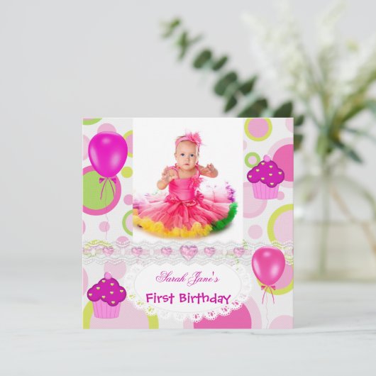 Eerste verjaardag 1e meisje met roze ballonnen kaart (Staand voorkant)