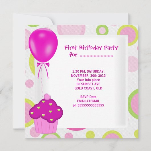 Eerste verjaardag 1e meisje met roze ballonnen kaart (Achterkant)