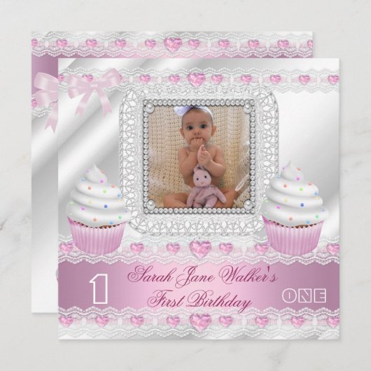 Eerste verjaardag 1e meisje Witte roze harten Baby Kaart (Voorkant / Achterkant)