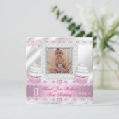 Eerste verjaardag 1e meisje Witte roze harten Baby Kaart (Staand voorkant)