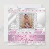 Eerste verjaardag 1e meisje Witte roze harten Baby Kaart (Voorkant)