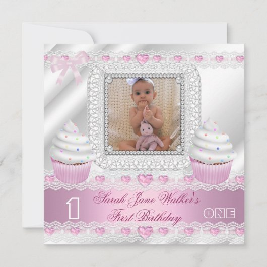 Eerste verjaardag 1e meisje Witte roze harten Baby Kaart (Voorkant)