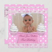 Eerste verjaardag 1e meisje Witte roze koekjes Bab Kaart (Voorkant / Achterkant)