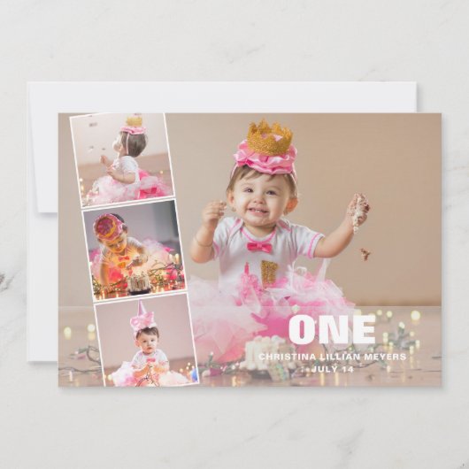 Eerste verjaardag 4 foto collage geboorteaankondig feestdagenkaart (Voorkant)